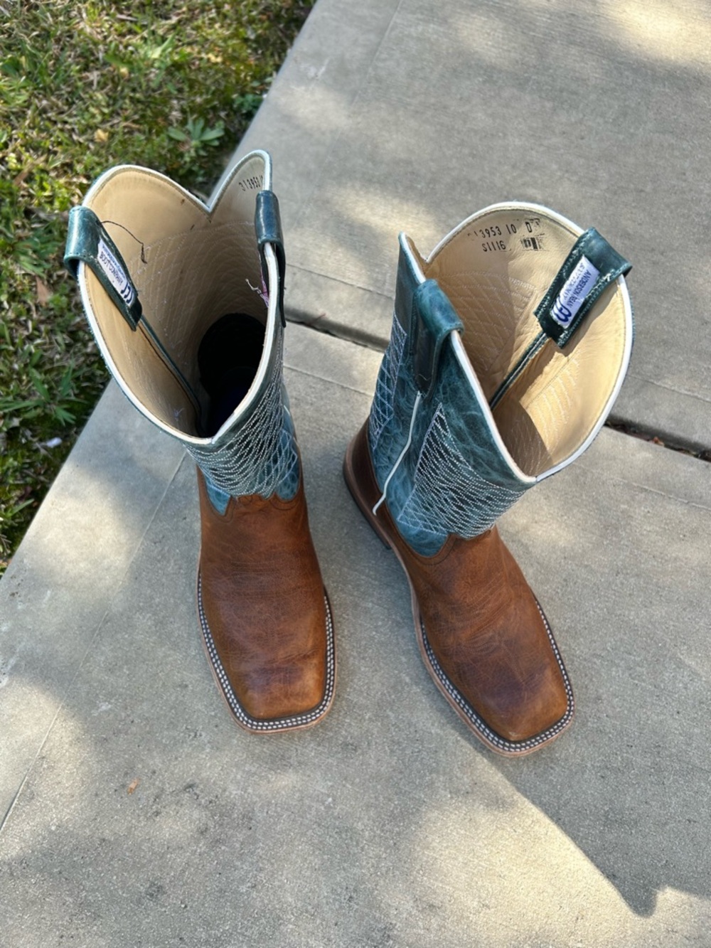 Anderson Bean Two-Tone Brown Foot & Teal Shaft Cowboy Boots - Picture 2 of 5